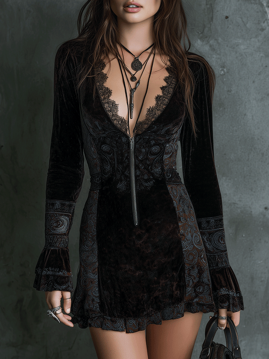 Bohemian Delicate Lace Velvet Mini Dress