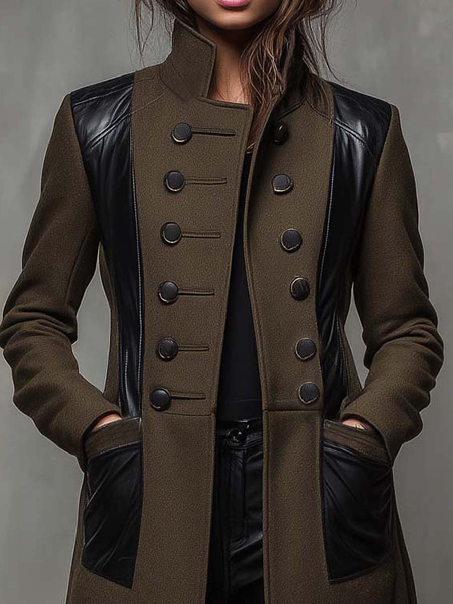 Military Green Long Coat With Black Contrast Panels