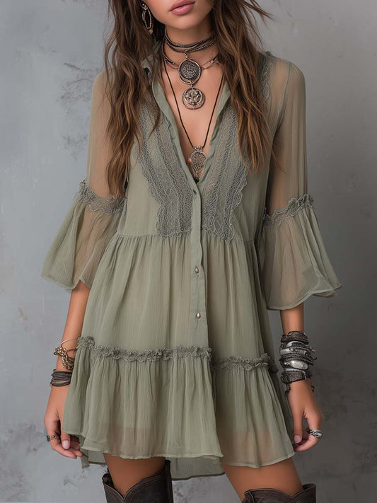Vintage Lace-Neck Bell Cuffs Pleated Chiffon Mini Dress