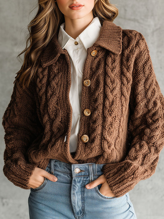 Retro Brown  Chunky Cable Knit Cardigan With Collar
