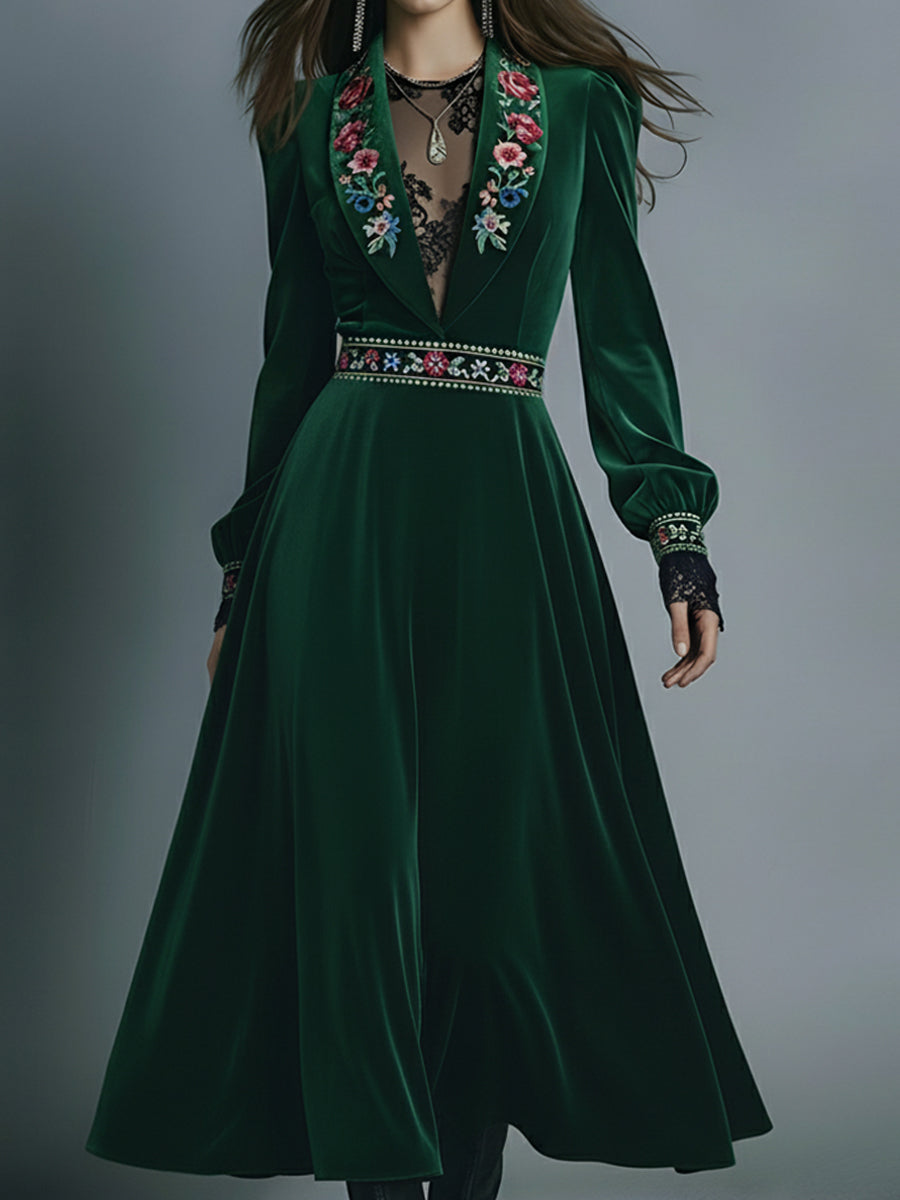 Bohemian Artistry Emerald Velvet Bloom Midi Dress