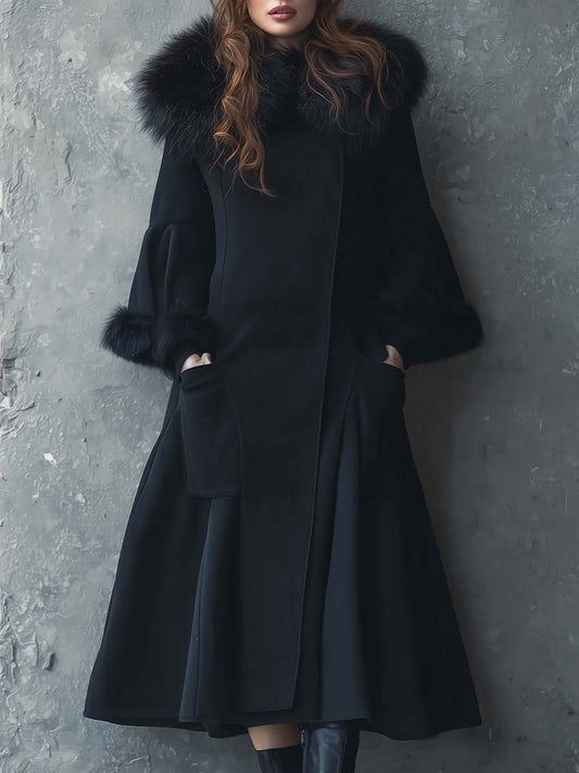 Black Wool-Blend Maxi Coat With Detachable Fur Collar