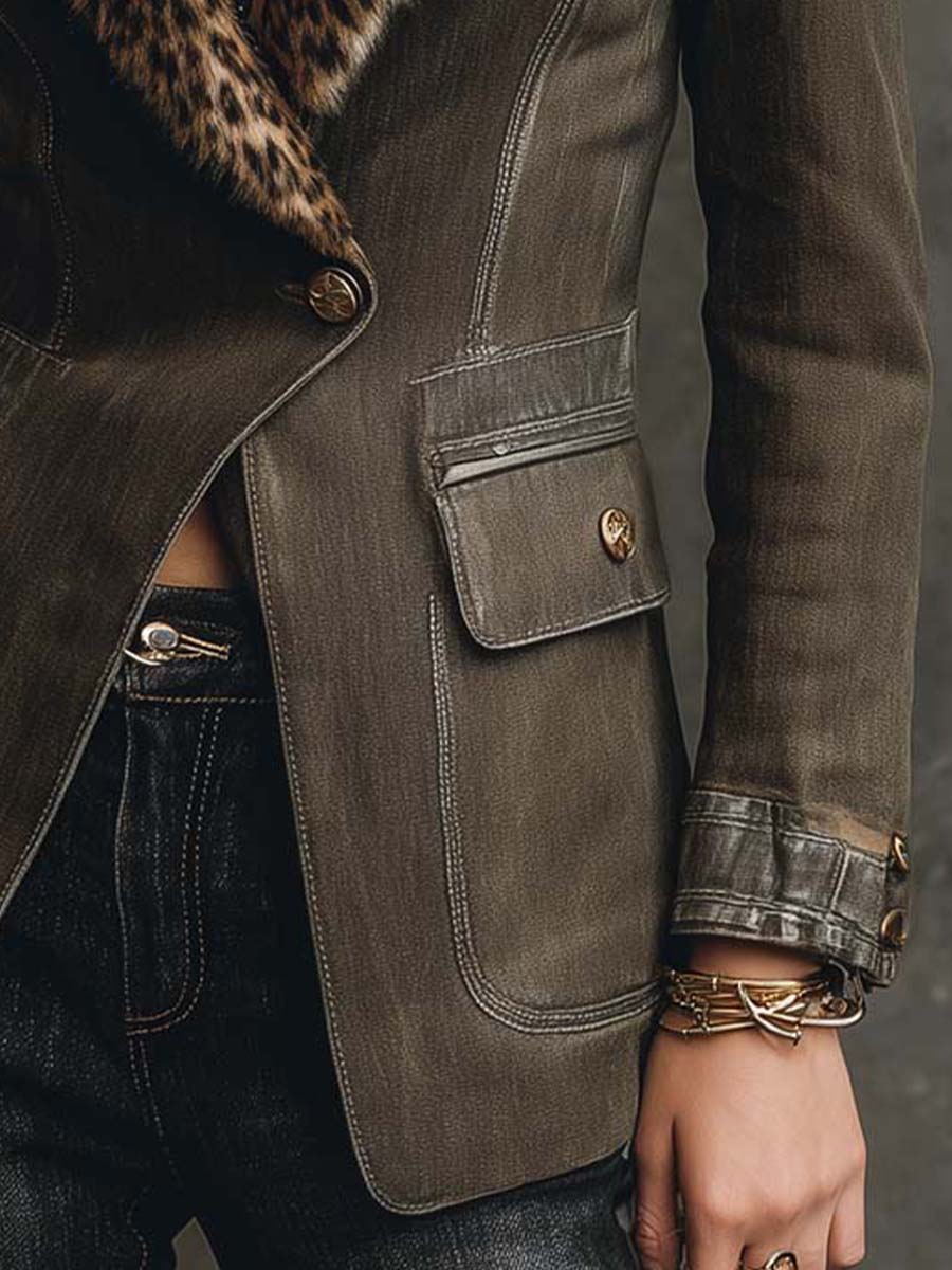 Intage Olive Suede Blazer With Leopard Faux Fur Collar