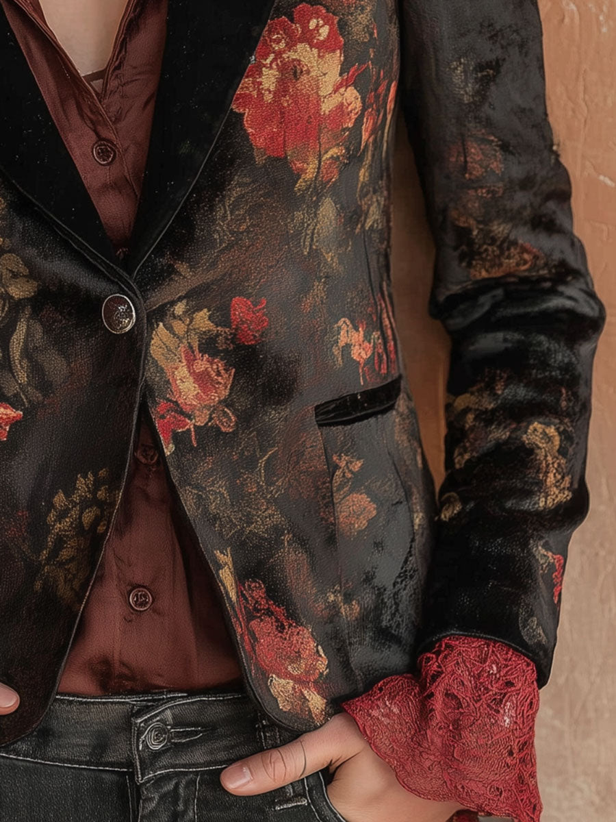 Retro Suede Print Splicing Blazer