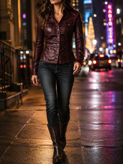Burgundy Eco Leather Western-Fit Shirt Jacket