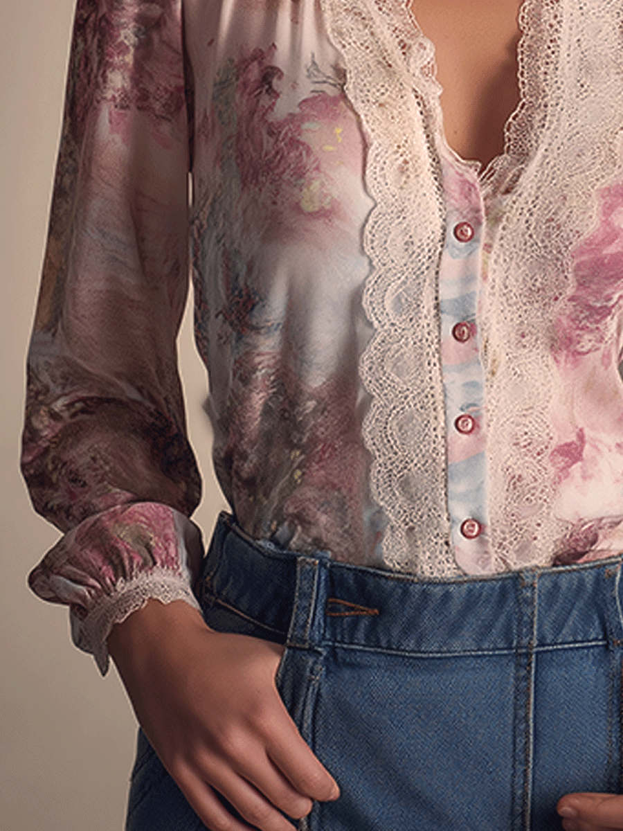 Romantic Retro Lace V-neck Rose Print Chiffon Shirt