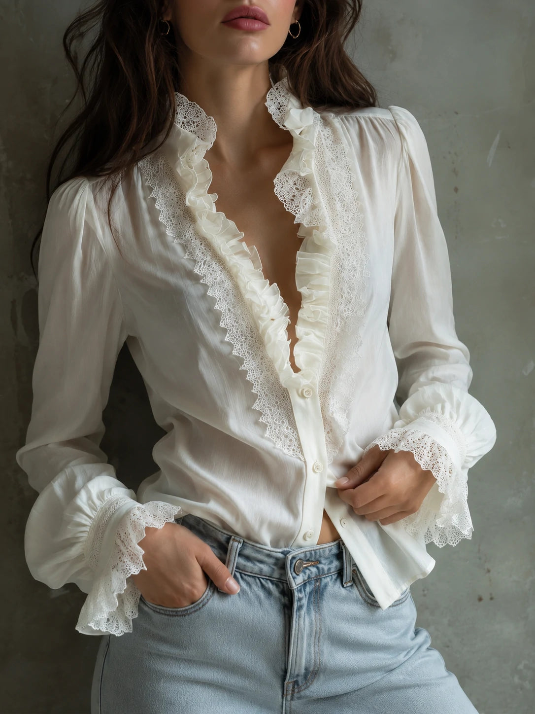 Romantic Ruffled Lace Blouse – Ivory White
