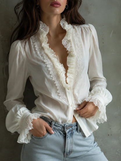 Romantic Ruffled Lace Blouse – Ivory White
