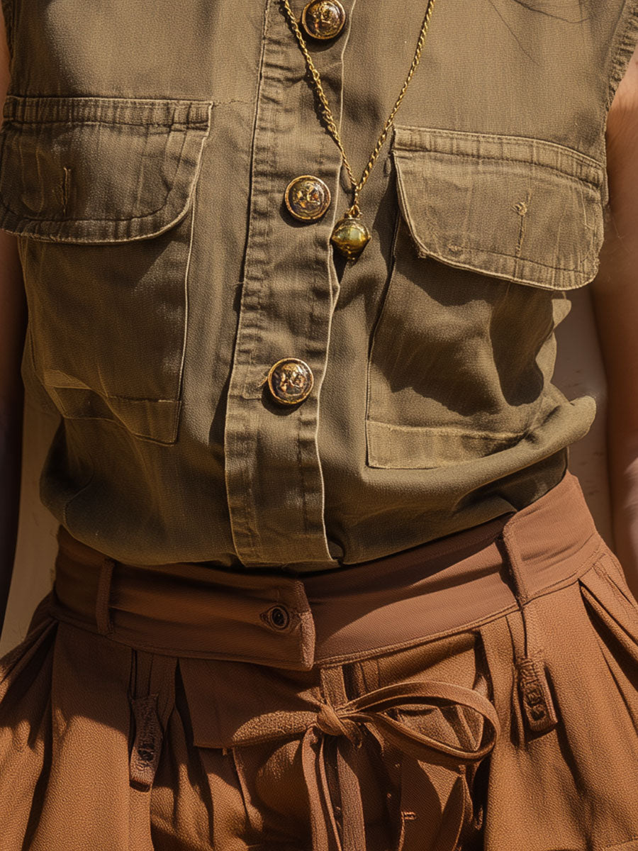 Stylish Turtleneck Washed Work Pocket Vest
