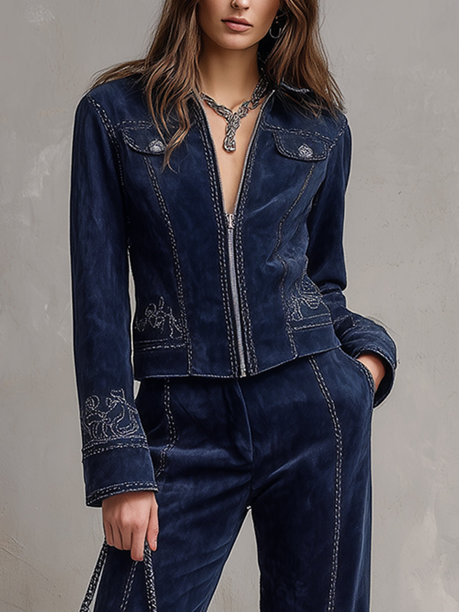 Vintage Suede Embroidered Front Zip Straight Jacket