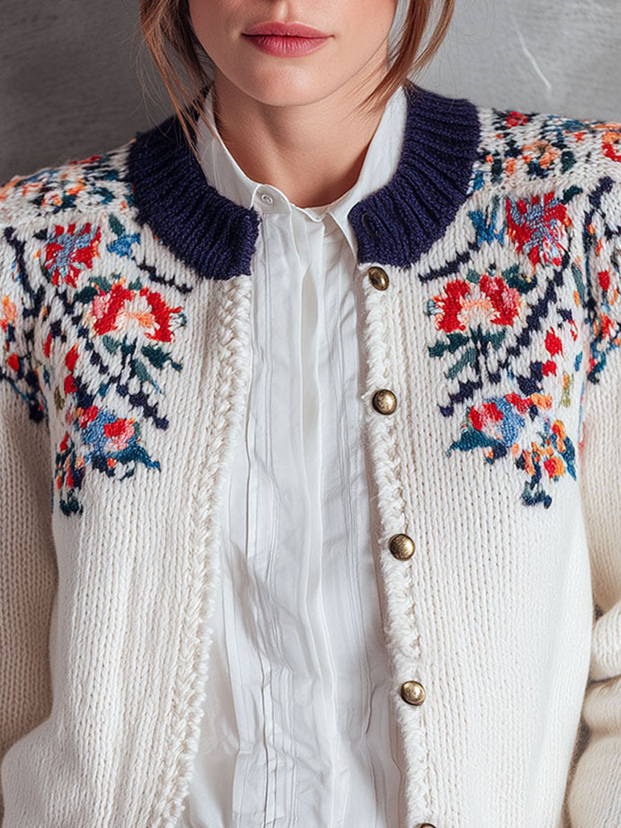 Floral Yoke Embroidery White Knit Cardigan With Navy Collar