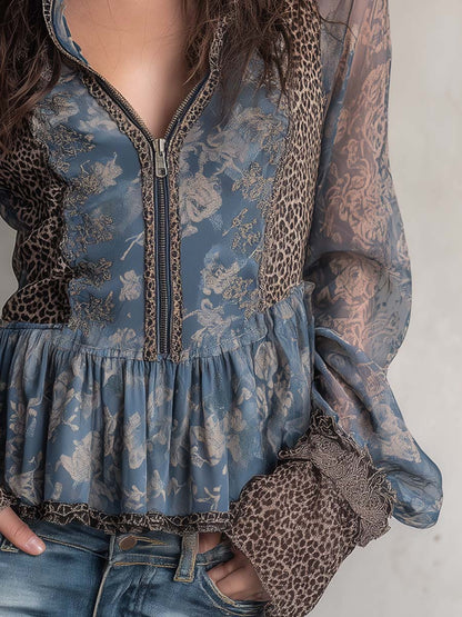 Vintage Leopard Print Floral Peplum Hem Chiffon Blouse