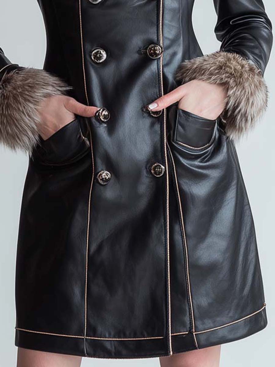 Vintage Black Eco-Leather Fitted Coat With Detachable Faux Fur Collar