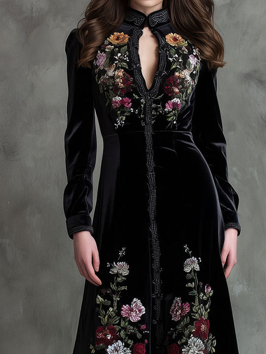 Vintage Floral Embroidered Velvet A-Line Midi Dress With High Collar
