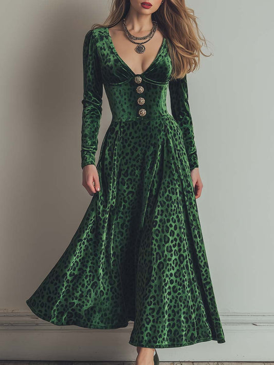 Vintage Velvet Leopard Print A-Line Button Dress
