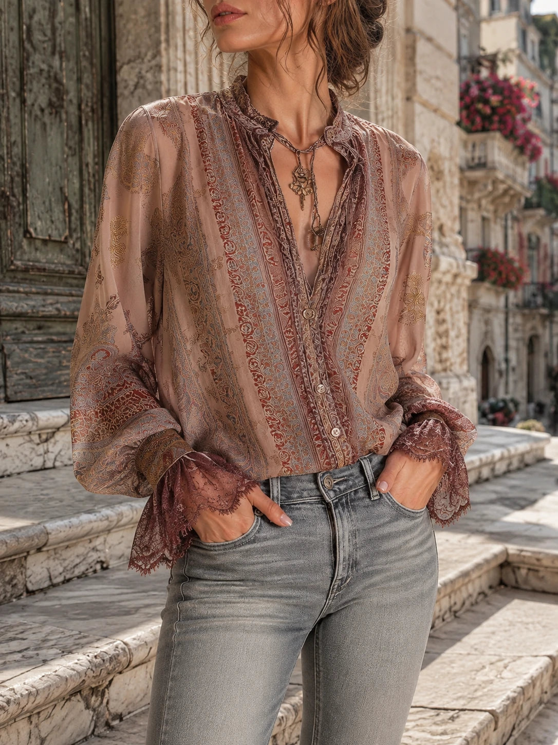Boho Paisley Sheer Blouse With Lace Cuffs