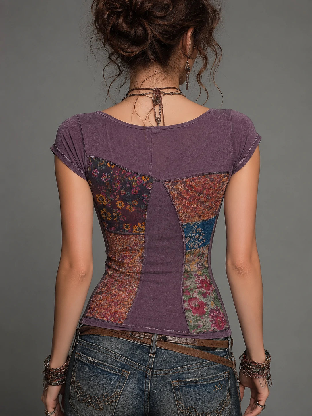 Vintage-style Patchwork Print Draped-neck Short-sleeve T-shirt