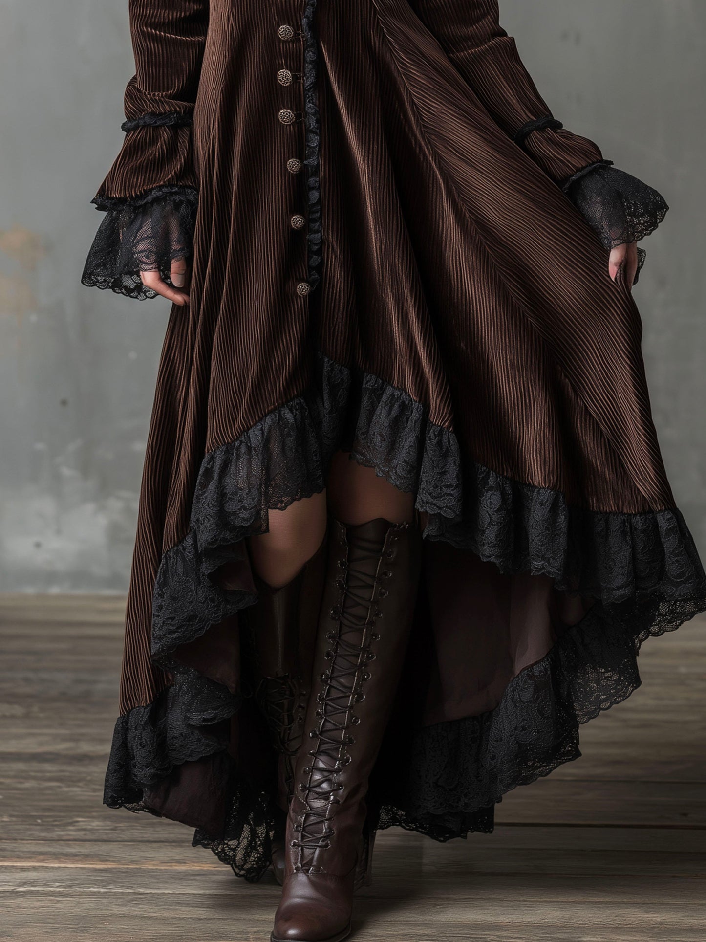 Vintage Velvet Gothic High-Low Maxi Dress With Lace Trim And Button Front