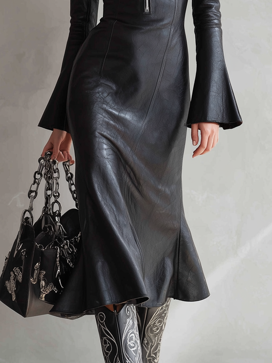 Retro Zipper Collar Flare Sleeves Eco-leather Midi Dress