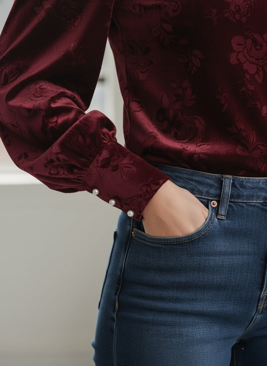 The Velvet Damask Square Neck Blouse with Lace Trim