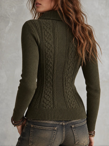 Retro Cable-knit Ribbed Mock-neck Slim-fit Cardigan