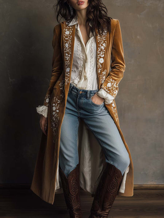 Golden Caramel Embroidered Corduroy Long Coat