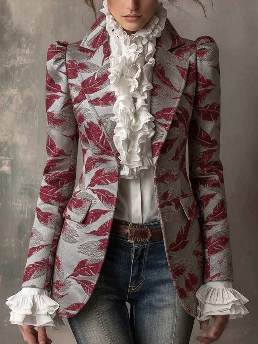 Vintage Jacquard Leaf Pattern Blazer In Red And Gray