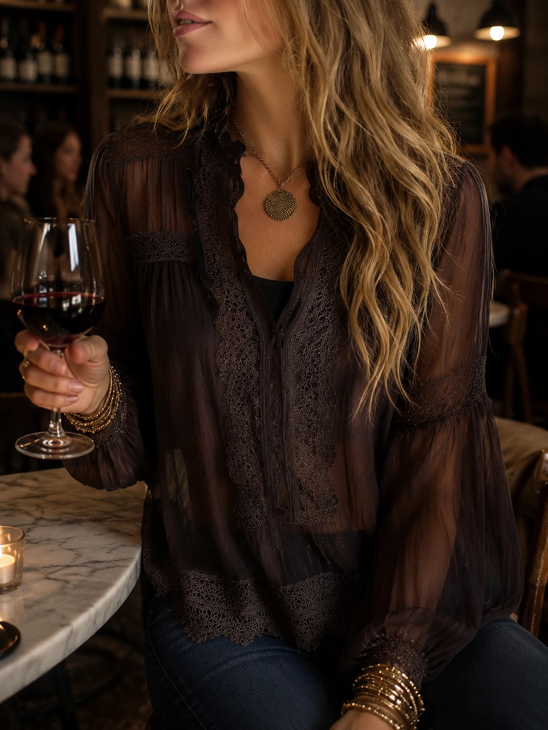 Vintage-Inspired Sheer Bohemian Lace Blouse