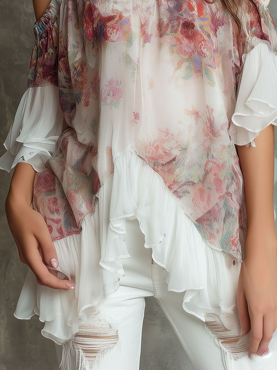 Boho Floral Off-Shoulder Chiffon Blouse With Ruffled Hem