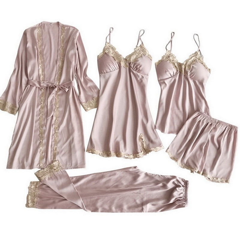 5pcs Suit Ladies Sexy Silk Satin Pajamas Set