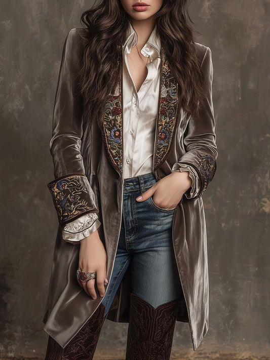 Taupe Mist Embroidered Polyester Velvet Long Blazer