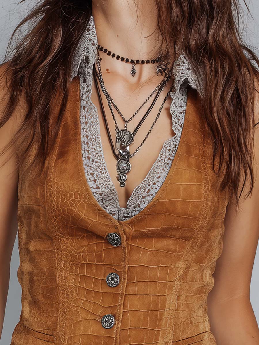 Vintage Crocodile Texture Caramel Eco-suede Slim Fit Vest