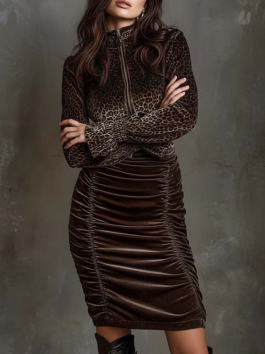 Leopard Print Velvet Ruched Bodycon Dress With Zipper Collar