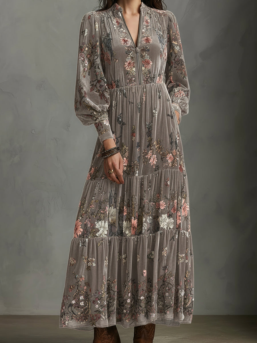 Quiet-boho Antique Rose Velvet Bloom Maxi Dress