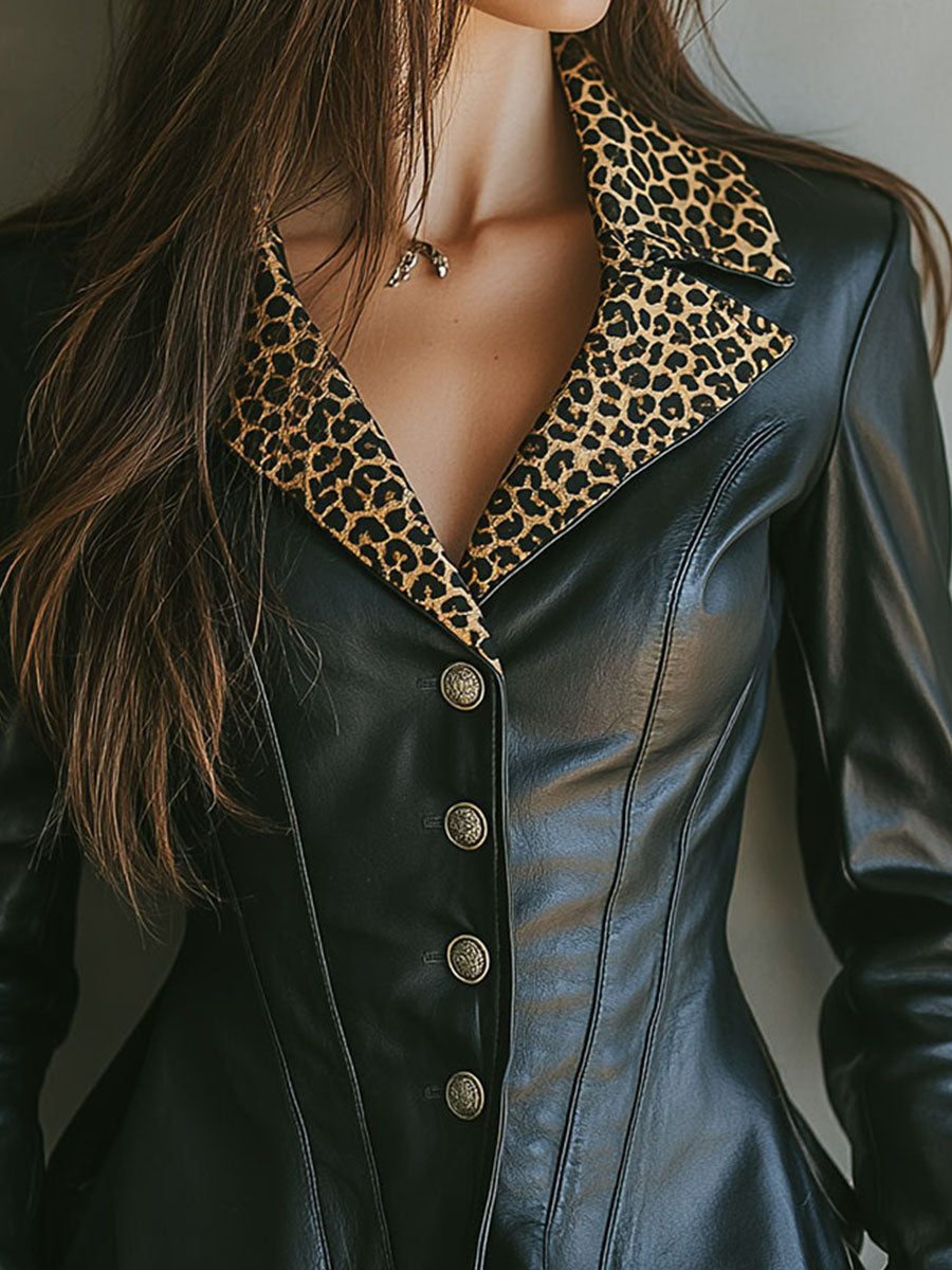 Chic Black Leopard Print Lapel Eco Leather Blazer