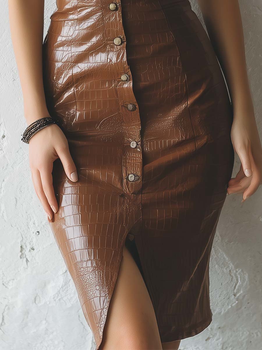 Brown Eco-Leather Vintage Button Bodycon Midi Dress