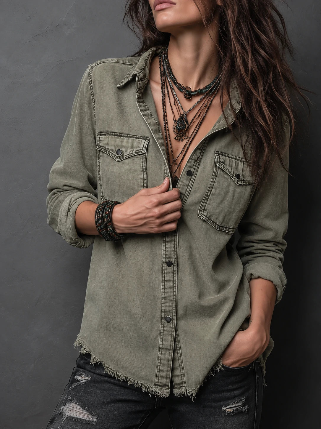 Vintage Pockets Long Sleeve Washed Blouse