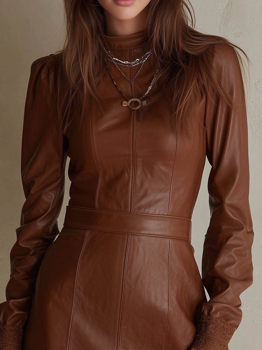 Retro Eco-friendly Leather Half-high Collar Lace Edge Mini Dress