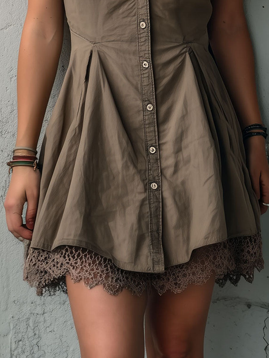 Utility Lace Trim Sleeveless Button-Down Shirt Mini Dress