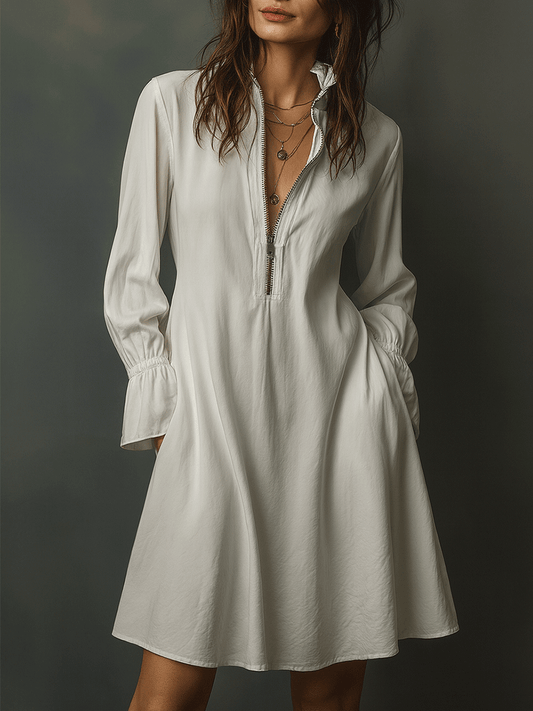 Elegant White Long Sleeve Flared Cuffs Shirt Mini Dress