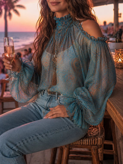Vintage Cold Shoulder Paisley Blouse