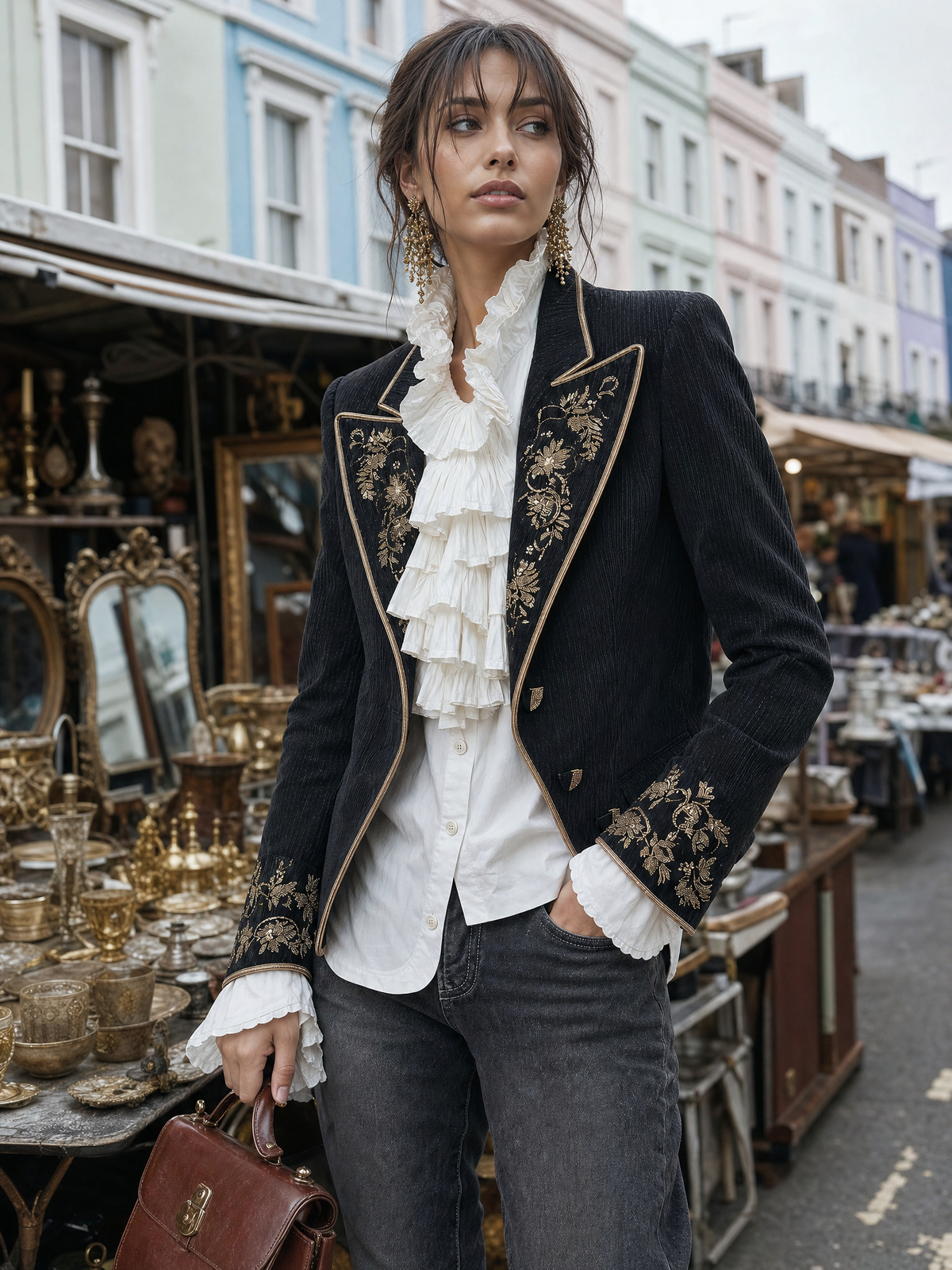 Quiet Luxury Embroidered Blazer With Gold Floral Detailing