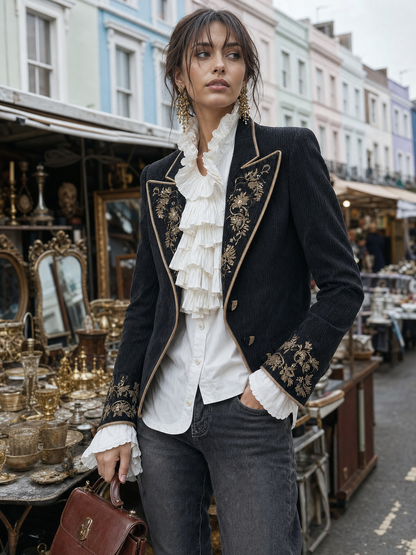 Quiet Luxury Embroidered Blazer With Gold Floral Detailing