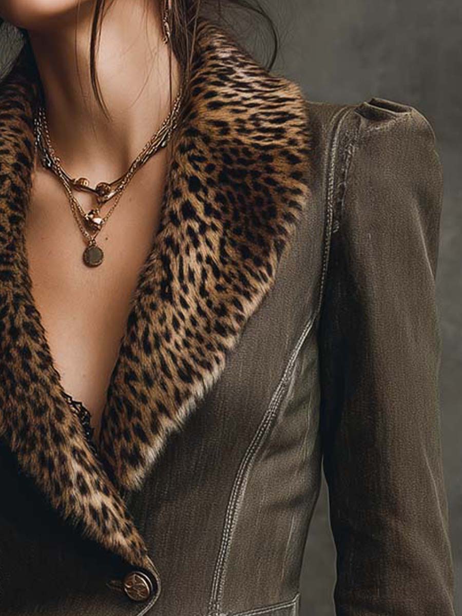 Intage Olive Suede Blazer With Leopard Faux Fur Collar