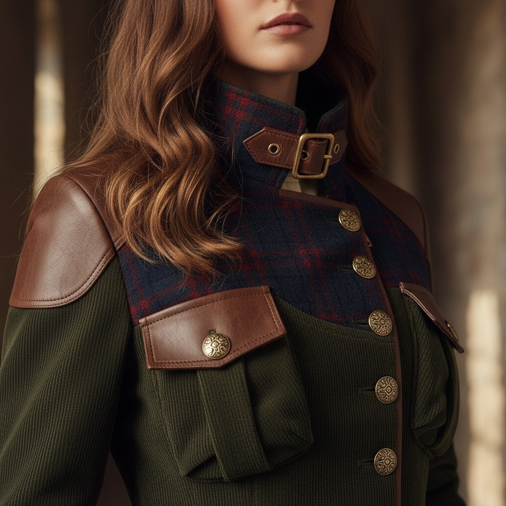 Forest Green Military-Inspired Coat with Plaid and Leather Accents