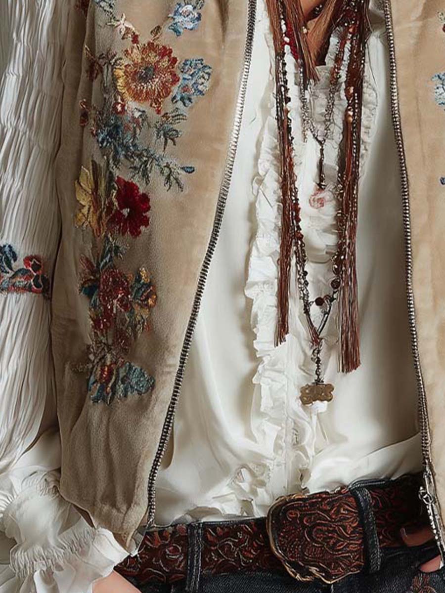 Floral Embroidered Velvet Vest – Beige Bohemian Luxe