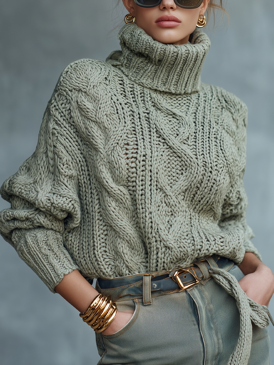 Vintage Turtleneck Cable Loose Sweater