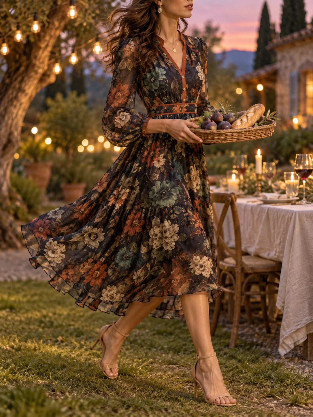 Vintage Floral V-Neck Swing Midi Dress