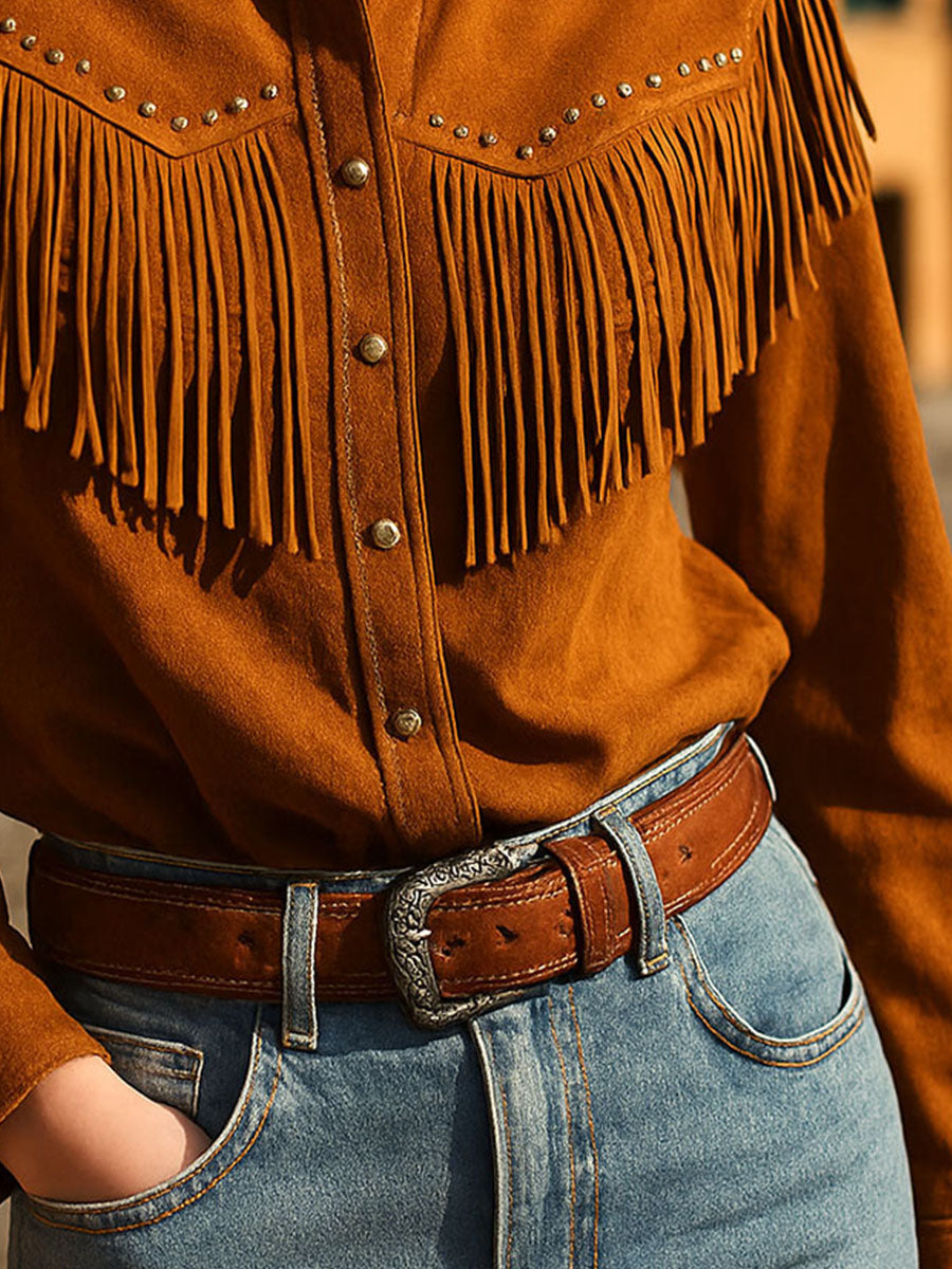 Boho Chic Brown Fringe Shirt With Buttons