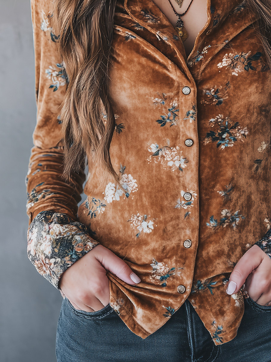 Vintage Floral Velvet Long-Sleeved Blouse